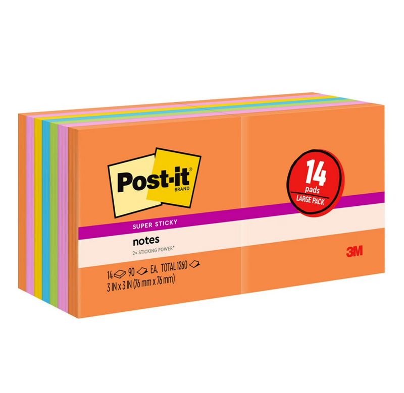 Post-it Super Sticky Notes, 3 in. x 3 in., Energy Boost Collection, 14 Pads/Pack