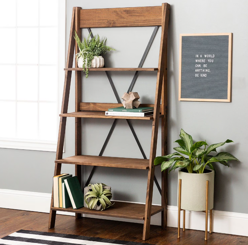 Frankie 68" Solid Wood Ladder Bookshelf, Brown