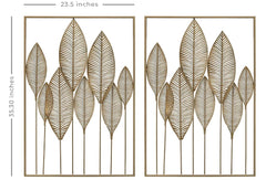 Leaf Motif Metal Wall Panel in Gold Finish - 2 Pcs