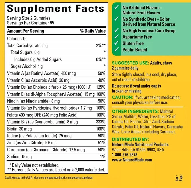 Nature Made Zero Sugar Multivitamin Gummies - 190 Count