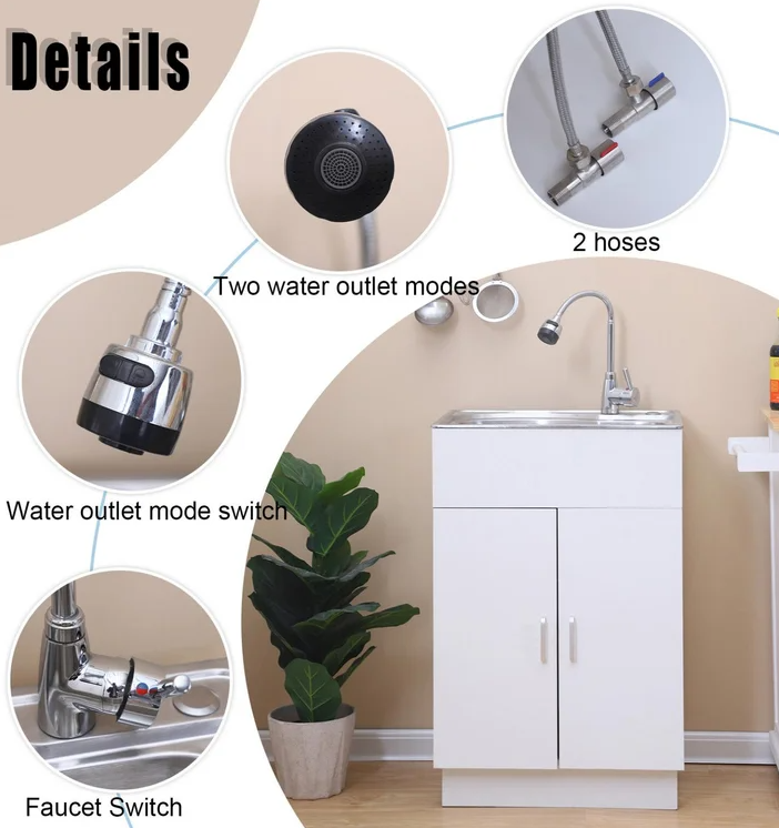 All-In-One Laundry/Utility Sink Kit, White/Stainless Steel With Faucet